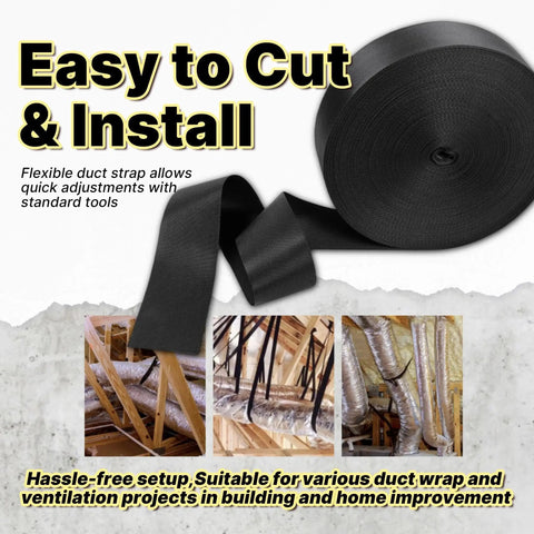 Heavy Duty Duct Strap 1.95 Inch By 49 Foot Black Nylon Strapping For HVAC Ducts, installation examples in construction site.