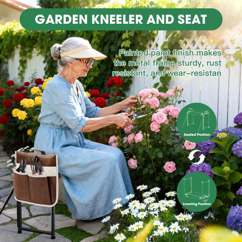 Senior woman using Heavy Duty Garden Kneeler And Seat With Dual Support Legs 400 Lb Capacity Foldable Gardening Stool Extra Thick Pad