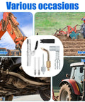 Grease Gun Accessory Kit with two needle nozzles, two dispensers, couplers and zerk fitting shown with car, excavator, tractor, harvester