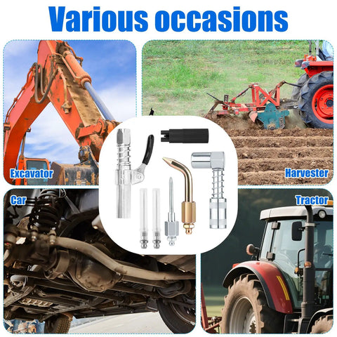 Grease Gun Accessory Kit with two needle nozzles, two dispensers, couplers and zerk fitting shown with car, excavator, tractor, harvester
