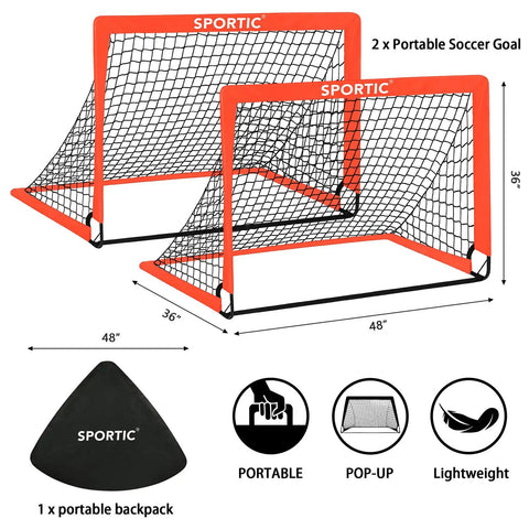 Image showing 2 Pack 4 By 3 Feet Pop Up Soccer Goals Set For Indoor And Outdoor Practice Portable Goals with carrying bag and stakes.