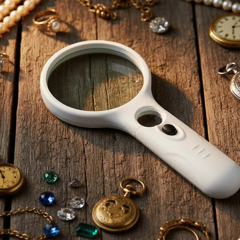 Handheld Magnifier With Light 3X And 45X Dual Magnification Loupe 3 LED Illumination For Reading Small Print Jewelry Inspection And Hobby Crafts White, placed on wooden surface with jewelry items.