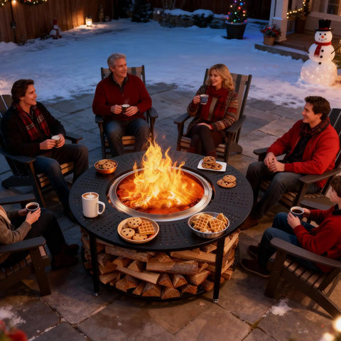 Group enjoying winter evening around 40-Inch Compact Fire Pit Surround Tabletop For Solo Stove Ranger And Tiki 20-Inch Pits