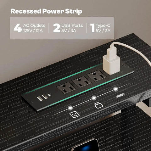 Close-up of recessed power strip on black Gaming Desk With RGB LED Lighting And USB Type-C, 47 Inch Computer Desk With 6 Drawers.
