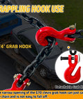 Quarter Inch G80 Tow Chain with G70 Clevis Grab Hook in use on a car transport, showing 1/4" grab hook detail