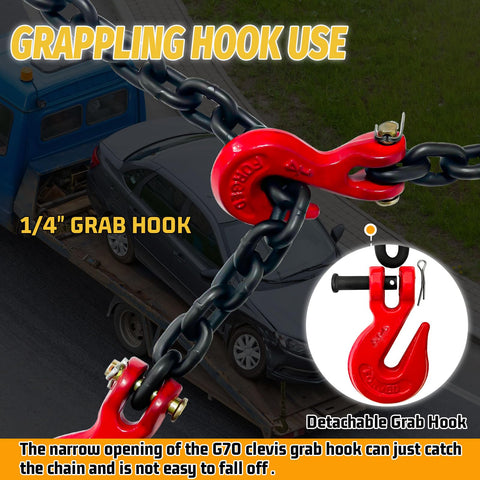 Quarter Inch G80 Tow Chain with G70 Clevis Grab Hook in use on a car transport, showing 1/4" grab hook detail