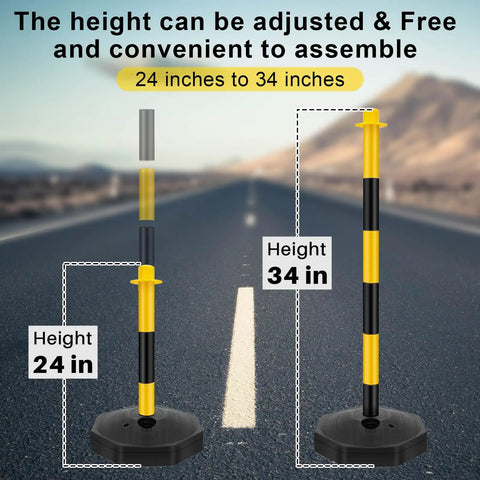 12 Sets 34 Inch Parking Cone Delineators With Base And Stanchion Set Adjustable posts from 24 to 34 Inch with reflective colors shown on road