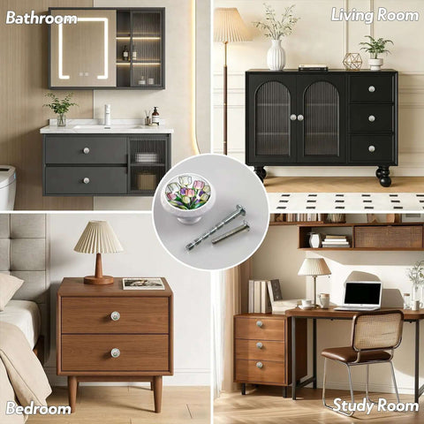 Colorful Tulip Cabinet Knobs 4 Pack For Kitchen And Bathroom In Stained Glass Style displayed on various furniture
