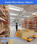 Heavy Duty Electric Pallet Jack Truck With 4409 Lbs Capacity And Powerful Drive Motor For Indoor Storage Warehouse Material Handling Jobs in a warehouse aisle.