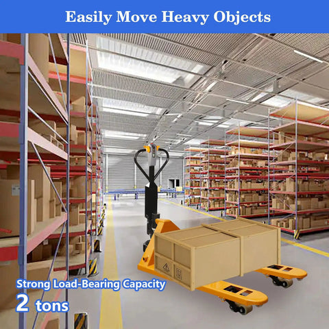 Heavy Duty Electric Pallet Jack Truck With 4409 Lbs Capacity And Powerful Drive Motor For Indoor Storage Warehouse Material Handling Jobs in a warehouse aisle.