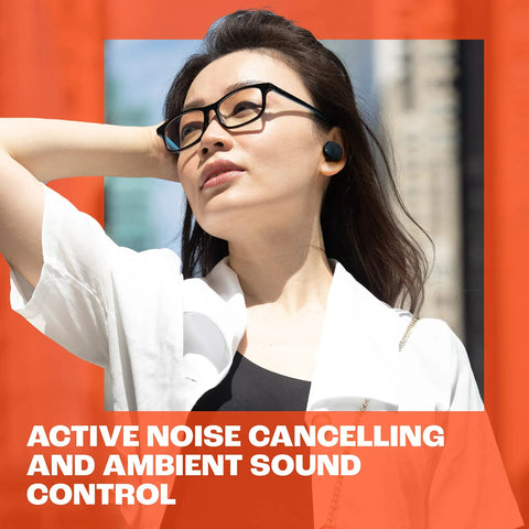 Person using Tune Buds True Wireless Earbuds With Noise Cancellation And Pure Bass Sound Bluetooth Five Point Three outdoors