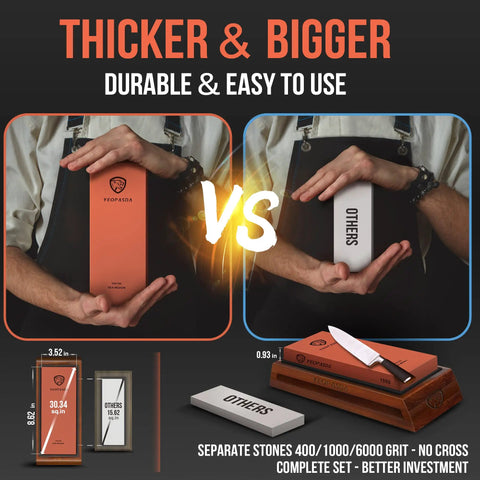Comparison of thicker All In One Extra Large Knife Sharpening Stone Kit With 3 Grits 400 1000 6000 XL Wet Stone vs other brand