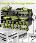 Rugged Power Tool Organizer Wall Mount With Charging Station, heavy-duty metal rack holding drills and batteries in garage.