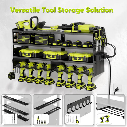 Rugged Power Tool Organizer Wall Mount With Charging Station, heavy-duty metal rack holding drills and batteries in garage.