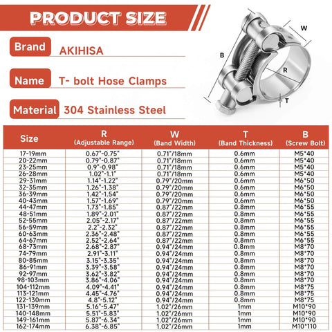 T Bolt Hose Clamp 17 To 19mm OD 304 Stainless Steel Pipe Strap Clamp Adjustable Heavy Duty Tube Clamp 4 Pack Fits 0.67 To 0.75 Inch Hose For Automotive Marine Industrial Applications with size chart.