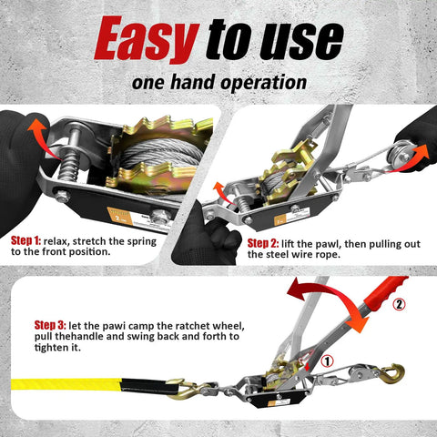 Heavy Duty Come Along Winch With 10 Foot Cable And 2 Ton Load Capacity Two Gears Dual Hooks Workhorse Grade Straps Included Ideal For Construction Automotive Farm Fences, one-hand use steps
