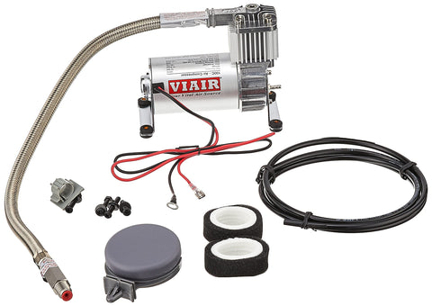 12V Air Compressor Kit for Vehicle On The Go 130 PSI Max with stainless braided leader hose and mounting hardware displayed