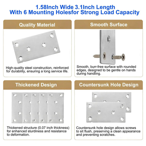 Heavy Duty Stainless Steel Mending Brackets 40 Pack Straight Up Solid Plates For Wood Shelves And Cabinets Rust Resistant DIY Joining Hardware with 6 holes.
