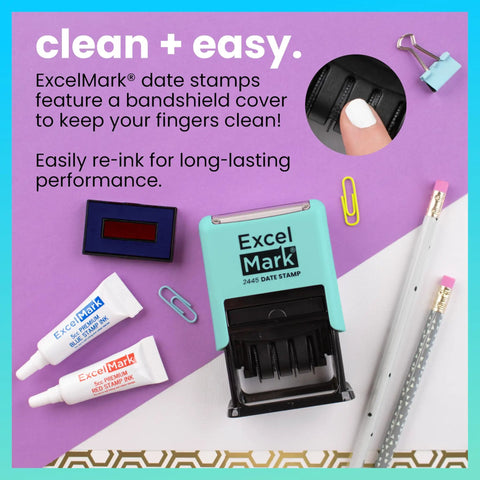 Kick Up Your Mail Sorting Game With This Heavy Duty Self Inking Date Stamp That Delivers Crisp Blue And Red Dates Onto Documents And Lets You Swap In Custom Lines For Zero Hassle Paperwork Processing featuring a teal self-inking date stamp.