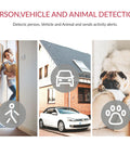 Two Pack Smart Home Camera System With 1080p WiFi Indoor Surveillance AI Human Detection features person and pet monitoring illustration.
