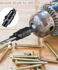 Close-up of Five Piece Countersink Drill Bit Set With One Quarter Inch Hex Shank in a drill chuck, screws on wooden surface.