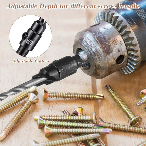 Close-up of Five Piece Countersink Drill Bit Set With One Quarter Inch Hex Shank in a drill chuck, screws on wooden surface.