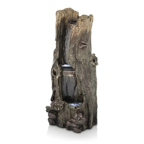Outdoor Rainforest Waterfall Tree Trunk Floor Fountain with LED Lights, tiered garden decor, 41 inch tall brown