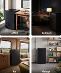 Compact 3.0 Cubic Foot Upright Mini Freezer In Black positioned in office, bedroom, RV, and garage settings for versatile use.