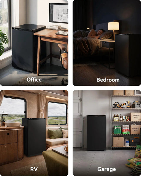 Compact 3.0 Cubic Foot Upright Mini Freezer In Black positioned in office, bedroom, RV, and garage settings for versatile use.