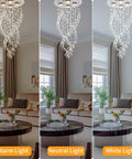 Modern Spiral Raindrop Crystal Chandelier Three Light Flush Mount Ceiling Fixture With K9 Crystal Orbs in different lighting