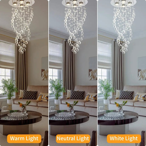 Modern Spiral Raindrop Crystal Chandelier Three Light Flush Mount Ceiling Fixture With K9 Crystal Orbs in different lighting
