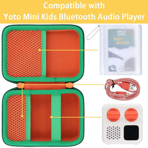 Chill Mode Hard Case For Yoto Mini Player With Roomy 36 Card Storage Bay showing orange interior, pocket for charger, and mesh sections.