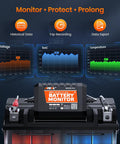 Universal Bluetooth Battery Monitor For 6V 12V 24V Rides displaying voltage, SoC, and temperature graphs on battery monitor.