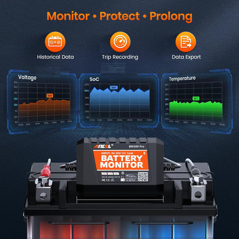 Universal Bluetooth Battery Monitor For 6V 12V 24V Rides displaying voltage, SoC, and temperature graphs on battery monitor.