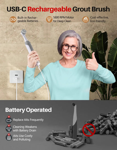 Rechargeable Cordless Grout Scrub Brush Kit With Built In Battery, IPX7 Waterproof Power Scrubber, USB C Recharge displayed by woman