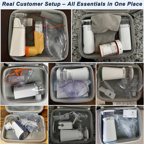 Purple Klawdsky hard carrying case for portable nebulizer; travel medical bag with masks, tubing, and accessories