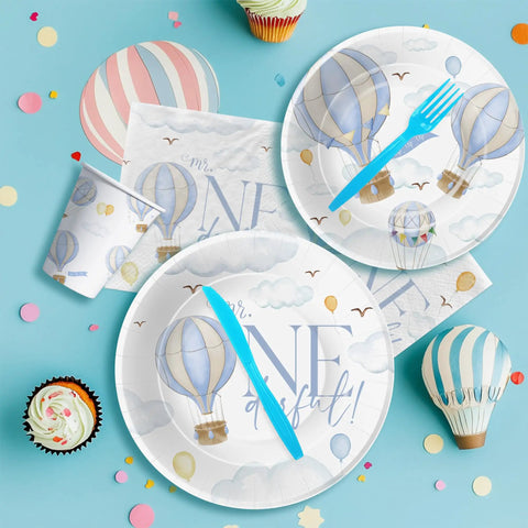 Hot Air Balloon 1st Birthday Party Supplies Set For Boys Mr Onederful Themed Tableware Pack Including Plates Napkins Cups And Cutlery In Blue For 24 Guests Lil Man Approved showing plates, cups, napkins, and blue cutlery with balloon design.