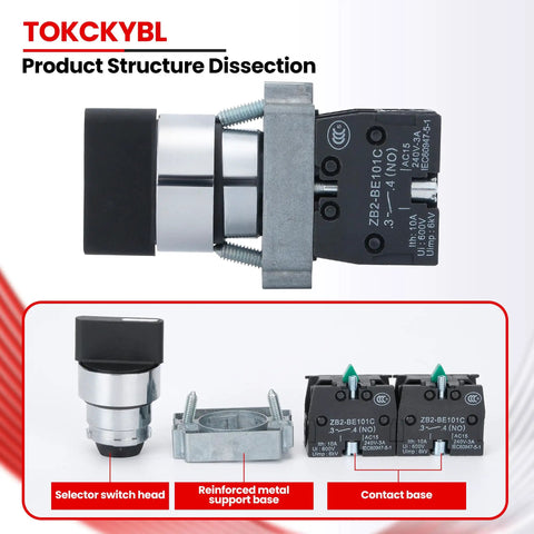 22mm 2 Position Momentary Selector Switch 1NO 660V 10A Industrial Grade Metal Head IP65 dissected to show components