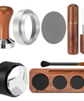 Pro Game Changer 7 Piece Espresso Essentials Featuring 53 Mm Tamper Wdt Tool Coffee Distributor Dosing Funnel Puck Screen Double Head Brush And Sapele Handle For Smooth Hits including tamper, dosing funnel, and cleaning brush.