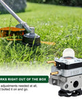 Carburetor Kit For Ryobi 25cc Gas String Trimmer RY251PH RY252CS RY253SS RY254BC Replacement Part For 2 Cycle Weedeater Tools shown in use.