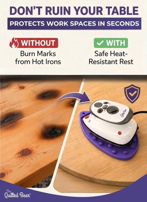 Comparison of wood surface with and without a Mini Iron Rest Silicone Heat Resistant Mat For No Fuss Crafting Sewing And Quilting Supplies Travel Ready Durable Protective Surface For Travel Iron Lime Green.