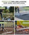 Collage of Floating Lake Weed Rake in use; pond cleaning, leveling asphalt, smoothing courtyard, and gathering grass lawn leaves.