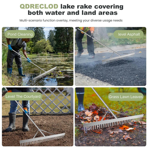 Collage of Floating Lake Weed Rake in use; pond cleaning, leveling asphalt, smoothing courtyard, and gathering grass lawn leaves.
