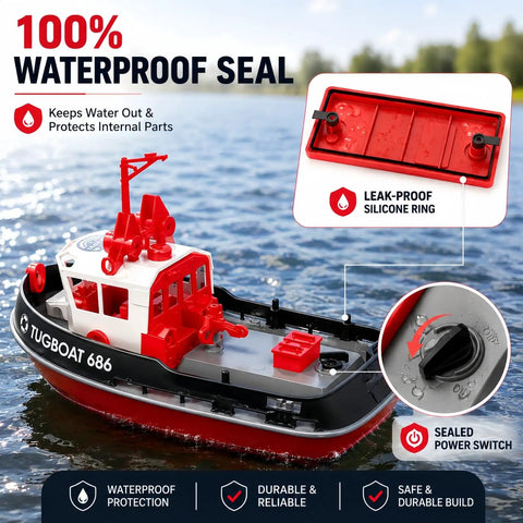 1/72 RC Tugboat For Pools And Lakes With 2.4Ghz Remote High Speed Propulsion LED Lights Low Battery Alarm Easy Steering Dope For Teens And Adults Perfect For Beginners And Fun For All shown with waterproof seal features
