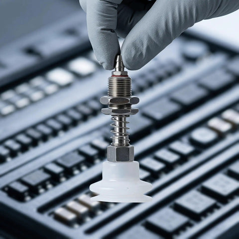 Industrial Suction Cup 8 Pack with Silicone Tips for Automation Equipment, detail of pneumatic gripper with metal components.