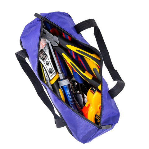 Heavy Duty 15.7 Inch Tool Pouch With Zipper Waterproof Canvas Utility Bag filled with tools, wide mouth view
