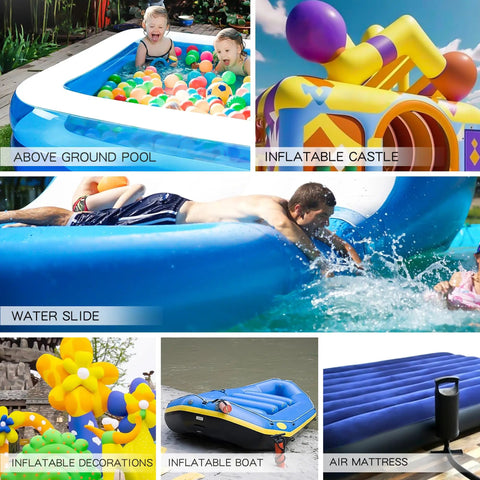 Collage of inflatable toys and items, including a pool, bounce house, slide, using Workhorse Inflatable Patch Repair Kit Waterproof TPU Pool Repair Tape Heavy Duty Patch For Air Mattress Bounce House Inflatable Toys Tent And Swimming Ring 10 Packs 2.5 Inch Square Patches.