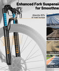 Front fork suspension of Race 21 Speed Electric Mountain Bike for Adults showing absorption of road bumps on various surfaces.