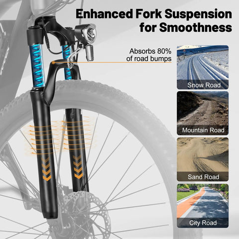 Front fork suspension of Race 21 Speed Electric Mountain Bike for Adults showing absorption of road bumps on various surfaces.