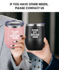 Two personalized black wine tumblers with lids and straws in hands, showcasing custom designs on stainless steel travel mugs.